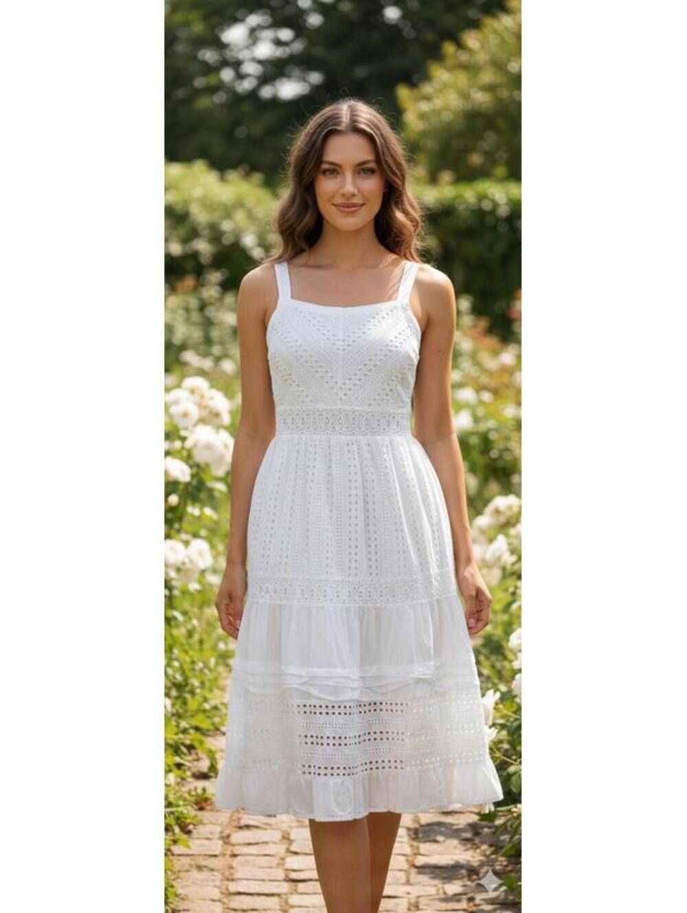 Skies Are Blue - White Eyelet Tiered Cotton Midi Sundress - S